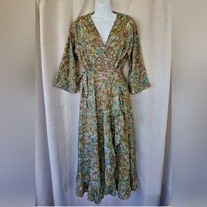 Cienna Silk Blend Multicolor Floral Ruffle Full Wrap Maxi Dress Sz L